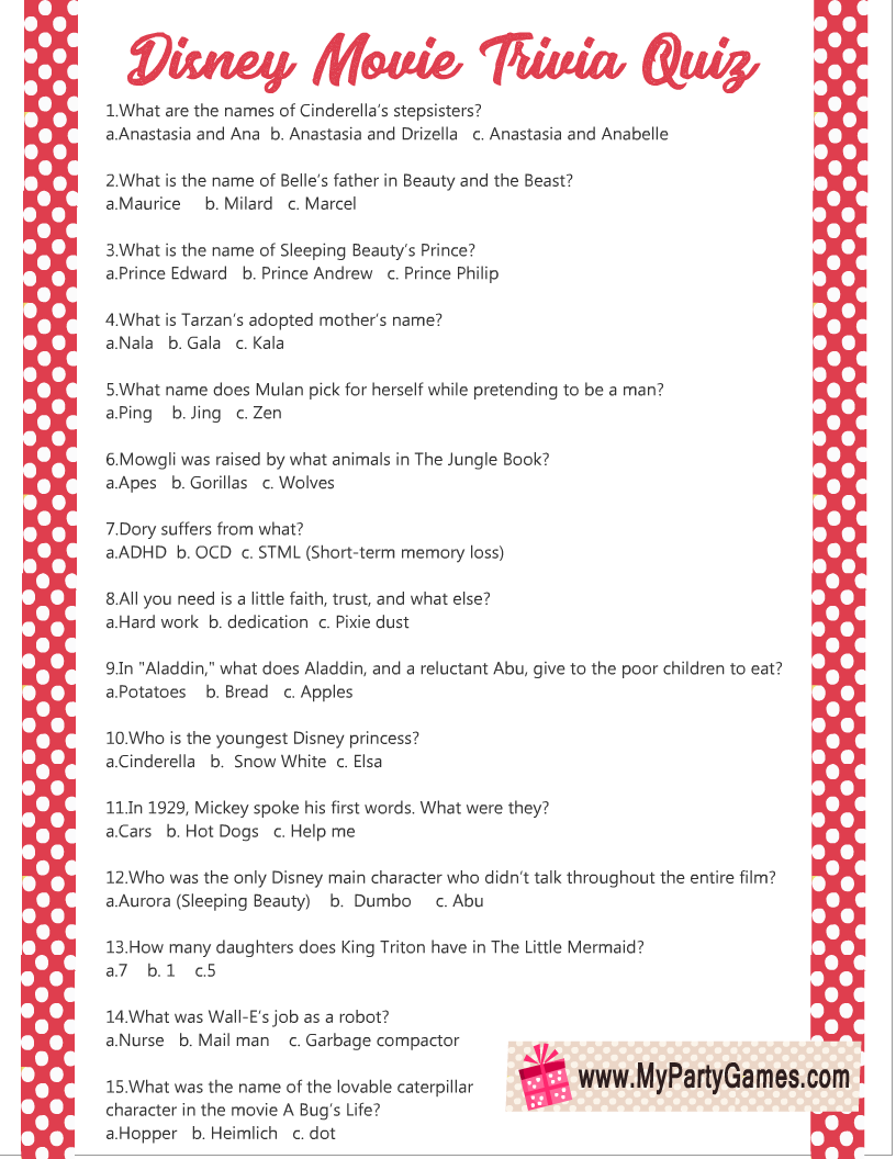 Disney Movie Trivia Quizzes Printable