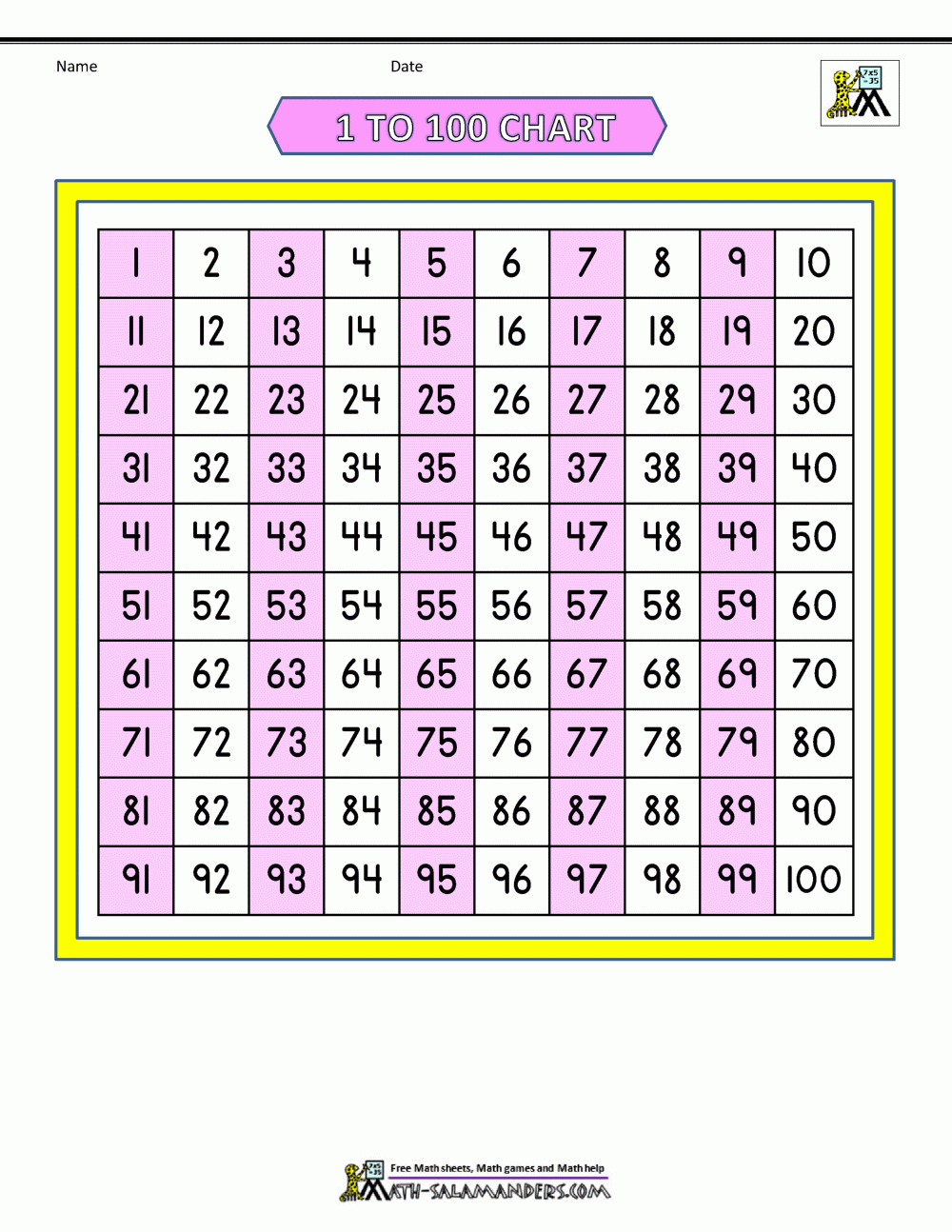 Free Printable 1-100 Chart