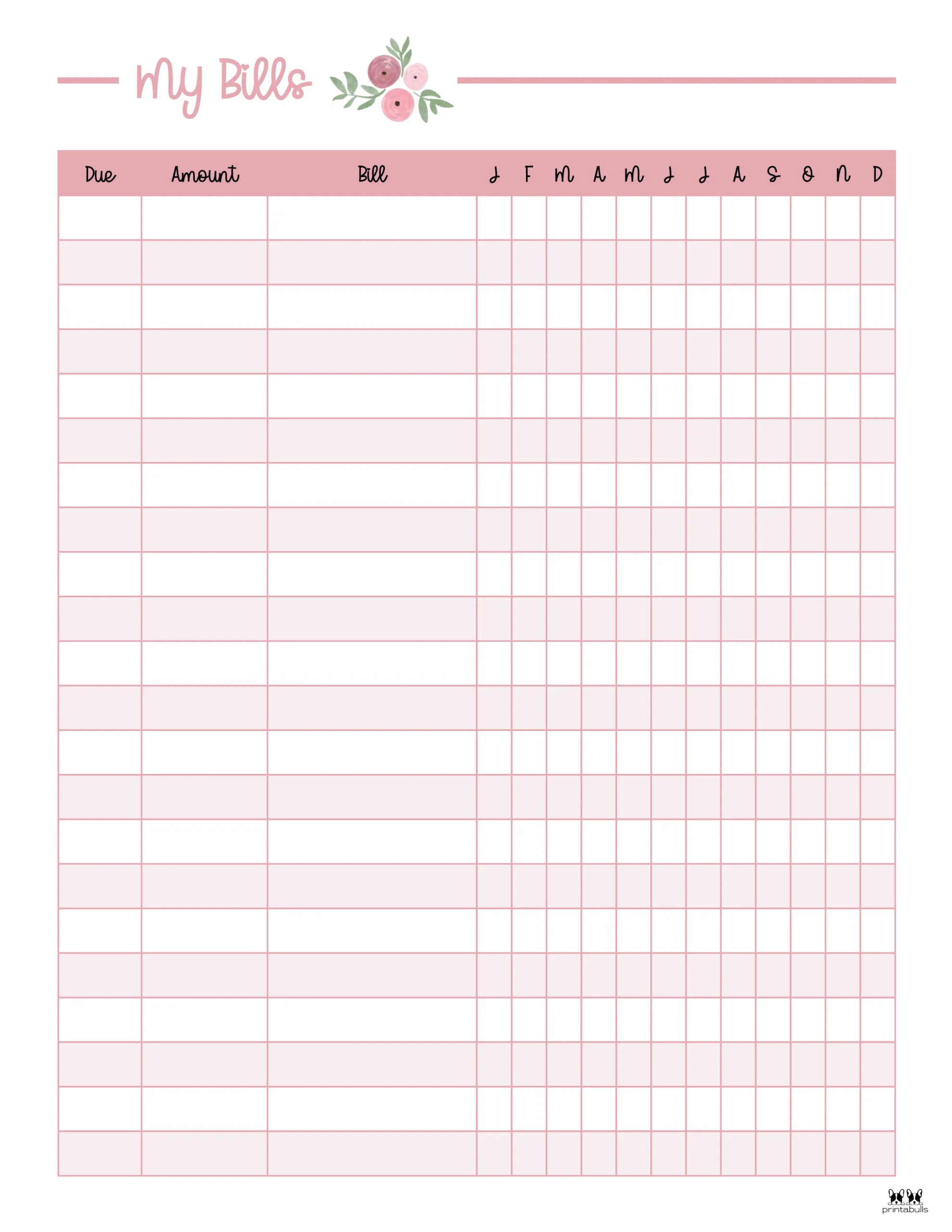 Monthly Free Printable Editable Bill Chart