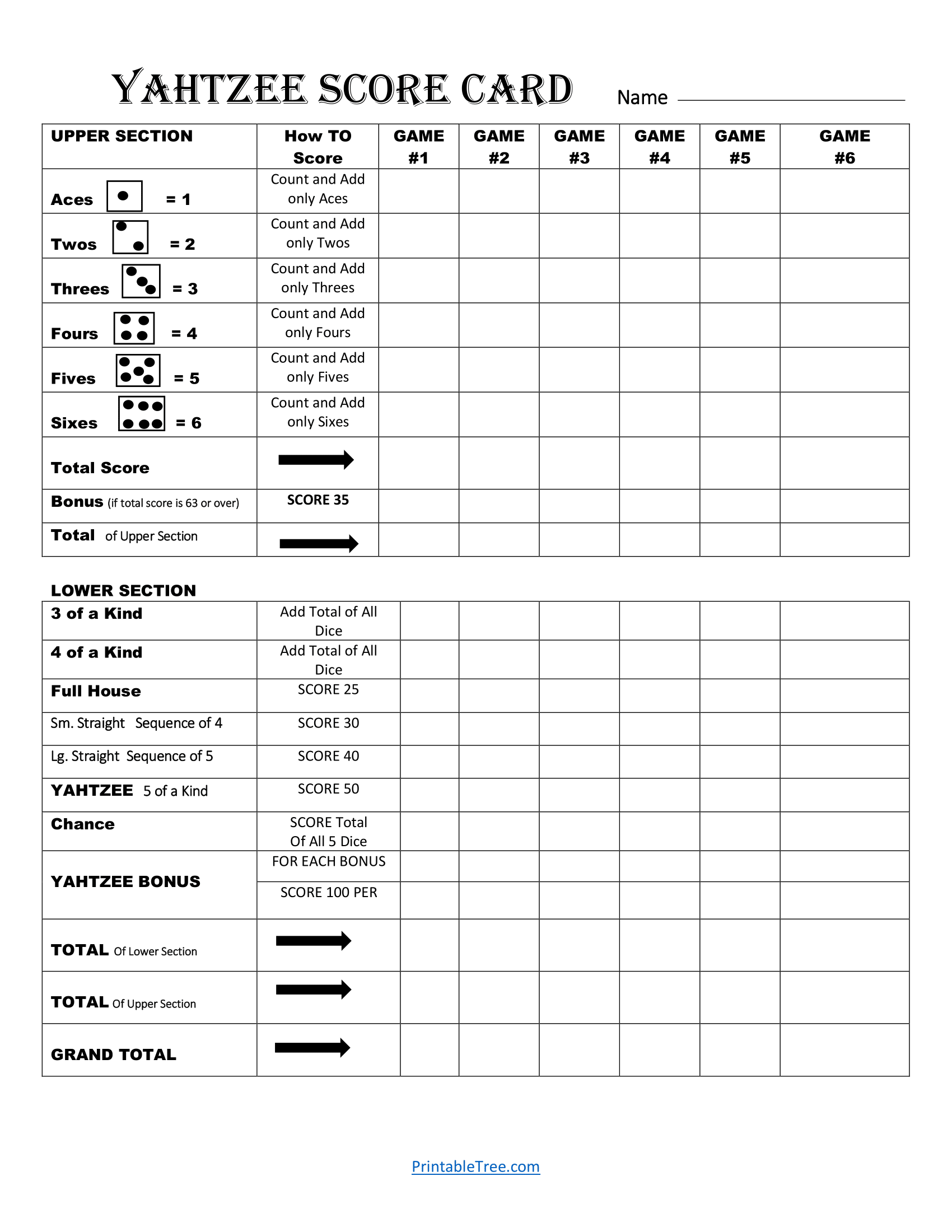 Free Printable Yardzee Score Sheet