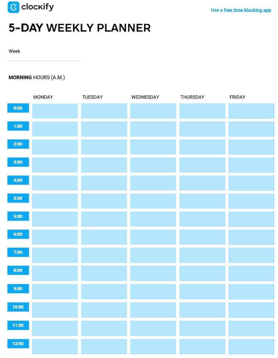 Hourly Block Schedule Template Weekly Printable
