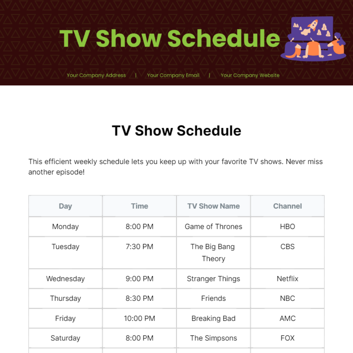 Free TV Show Schedule Template To Edit Online