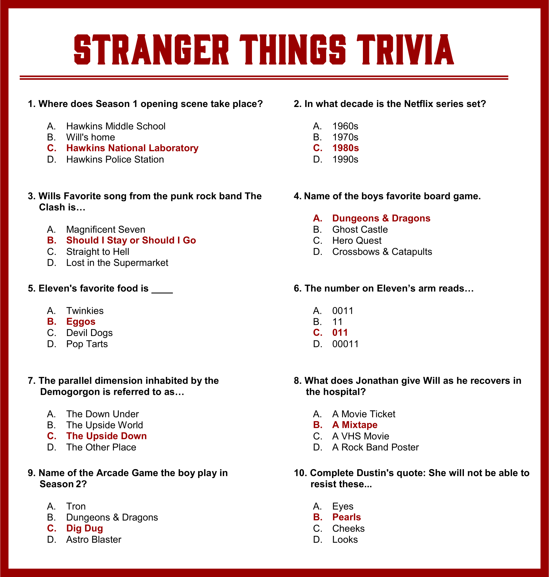 Middle School Printable Quiz