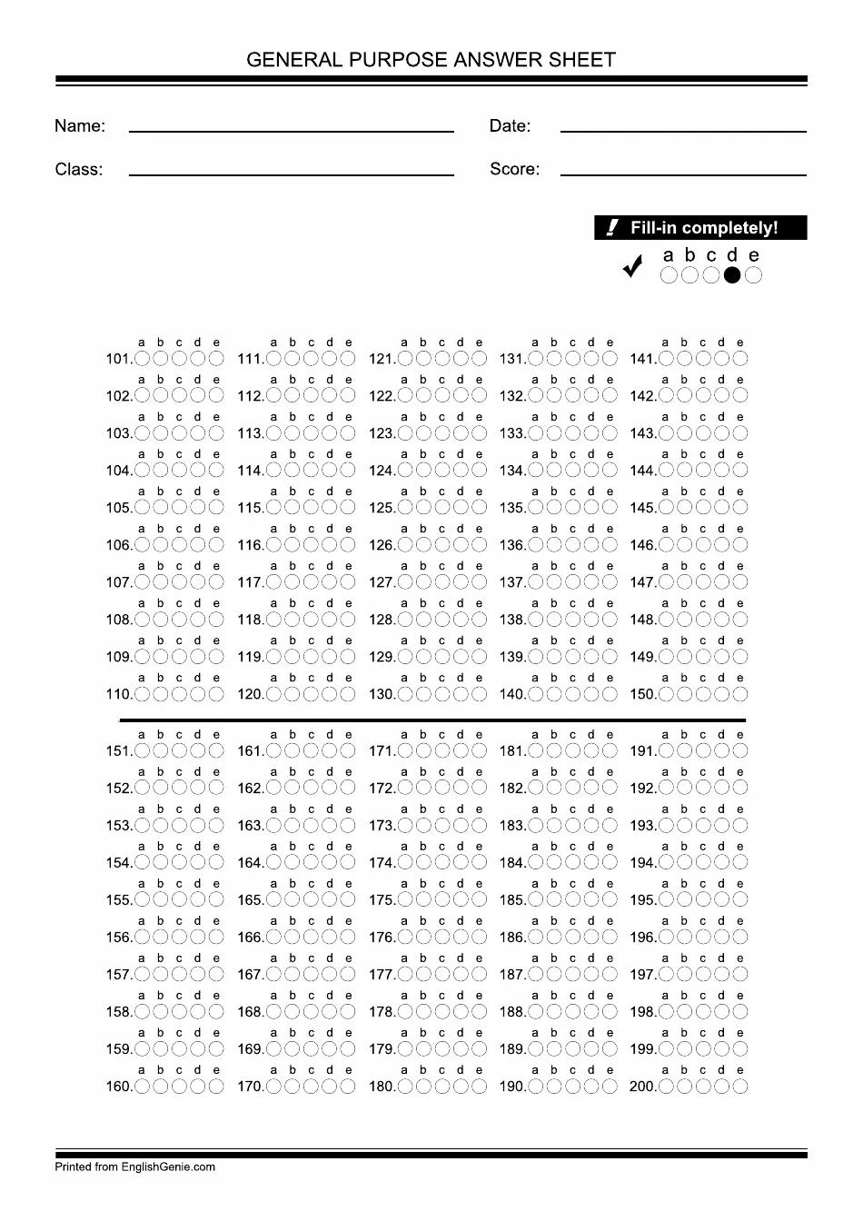 Multiple Choice Printable Answer Sheet