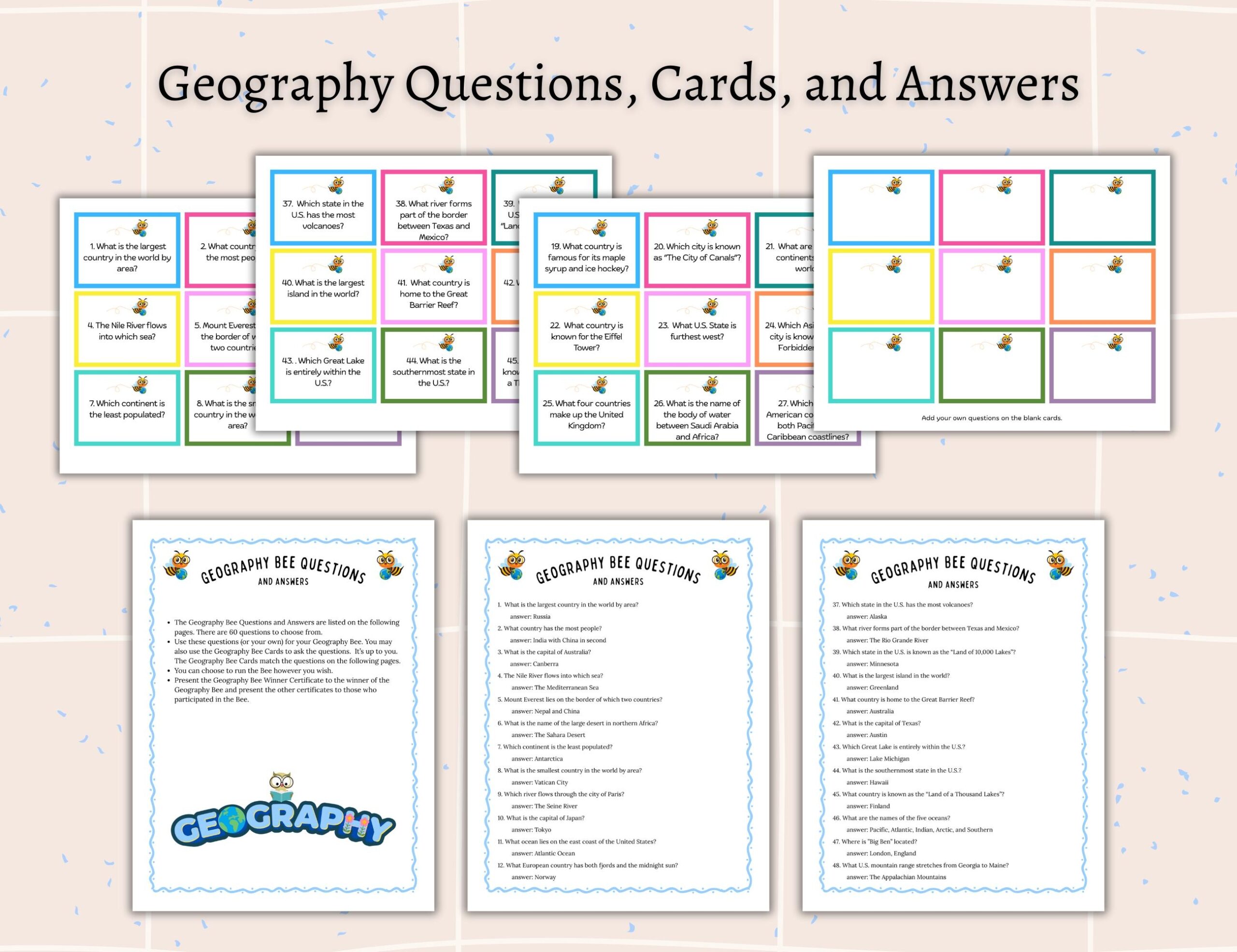 Geography Bee Award Certificates For Geography Game For Kids Teachers And Classrooms Seniors Trivia Activity Game For Senior Living Homes Etsy