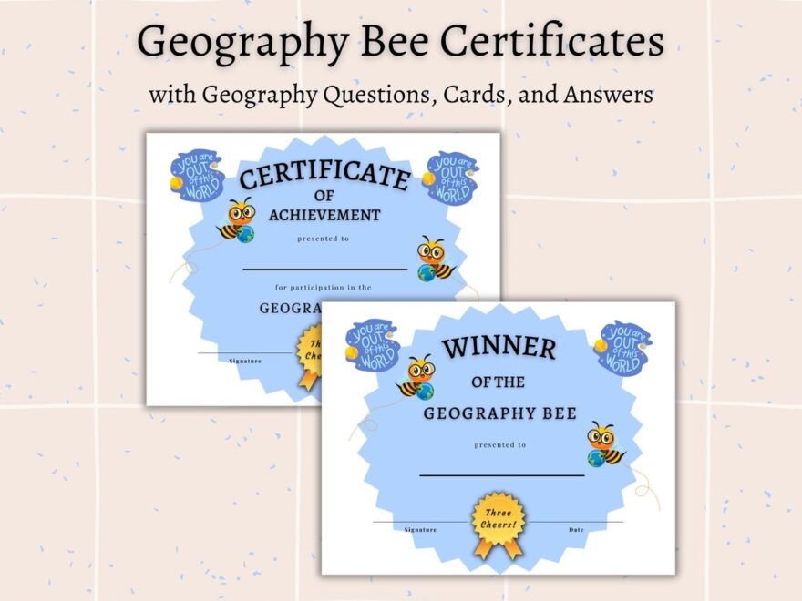 Geography Bee Award Certificates For Geography Game For Kids Teachers And Classrooms Seniors Trivia Activity Game For Senior Living Homes Etsy