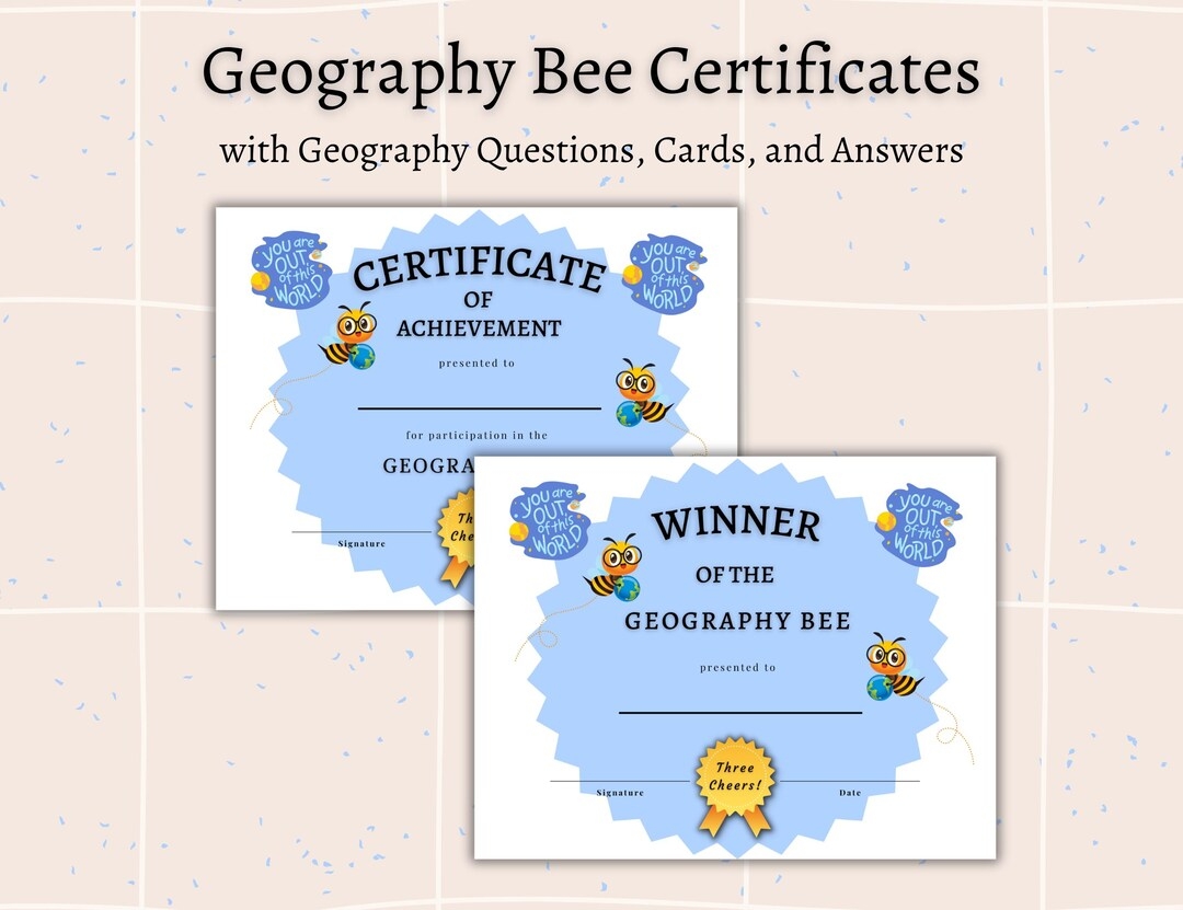 Geography Bee Award Certificates For Geography Game For Kids Teachers And Classrooms Seniors Trivia Activity Game For Senior Living Homes Etsy