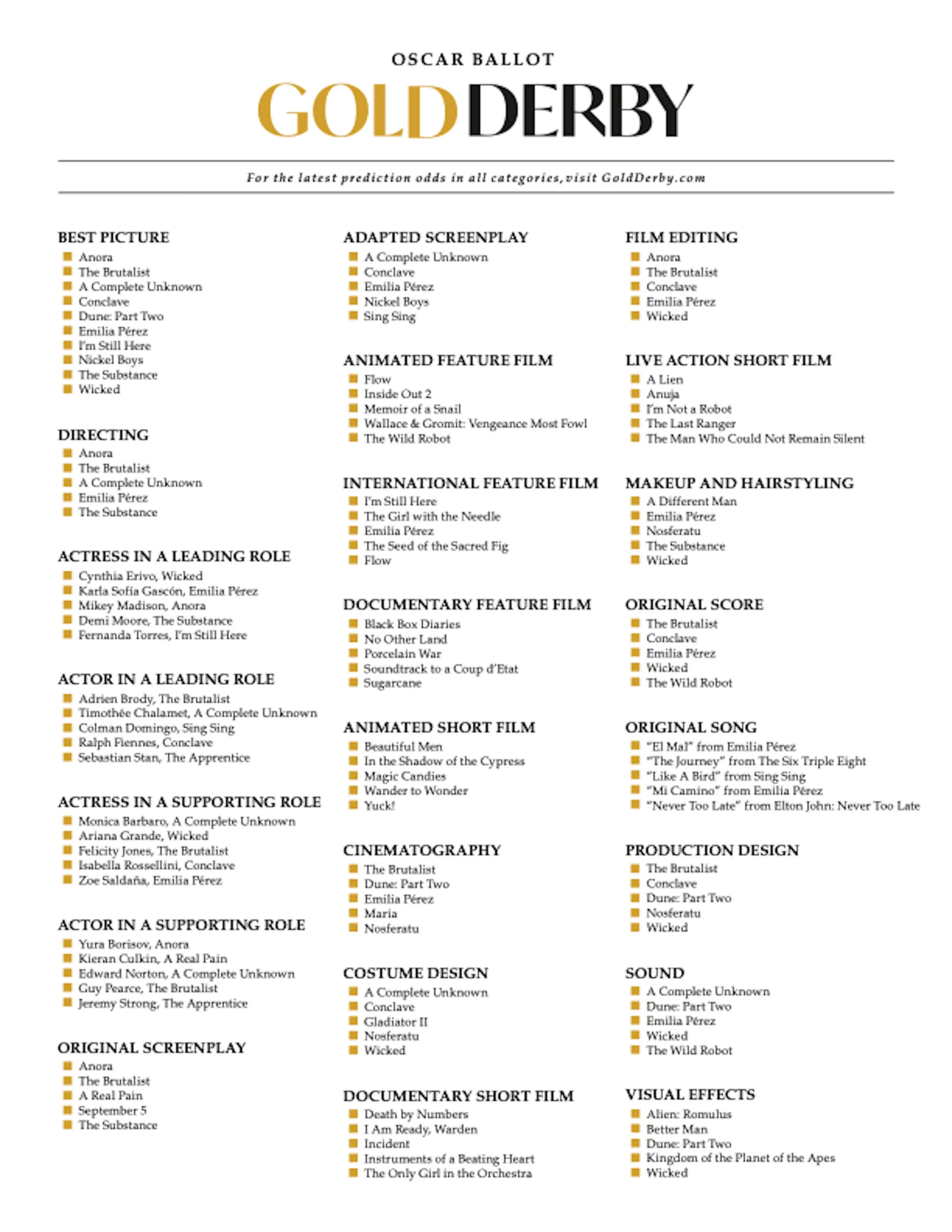 Printable Best Movie List Oscars 2026 Printable Best Movie List Oscars 2026