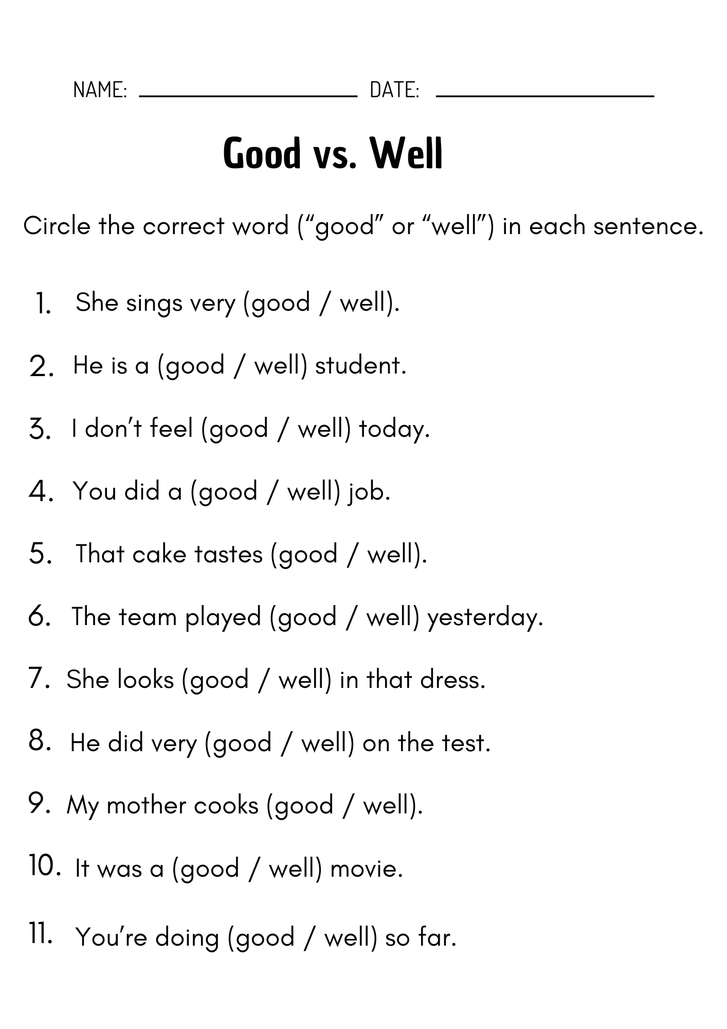 Good Vs Well Grammar Practice Worksheets Teaching Resources