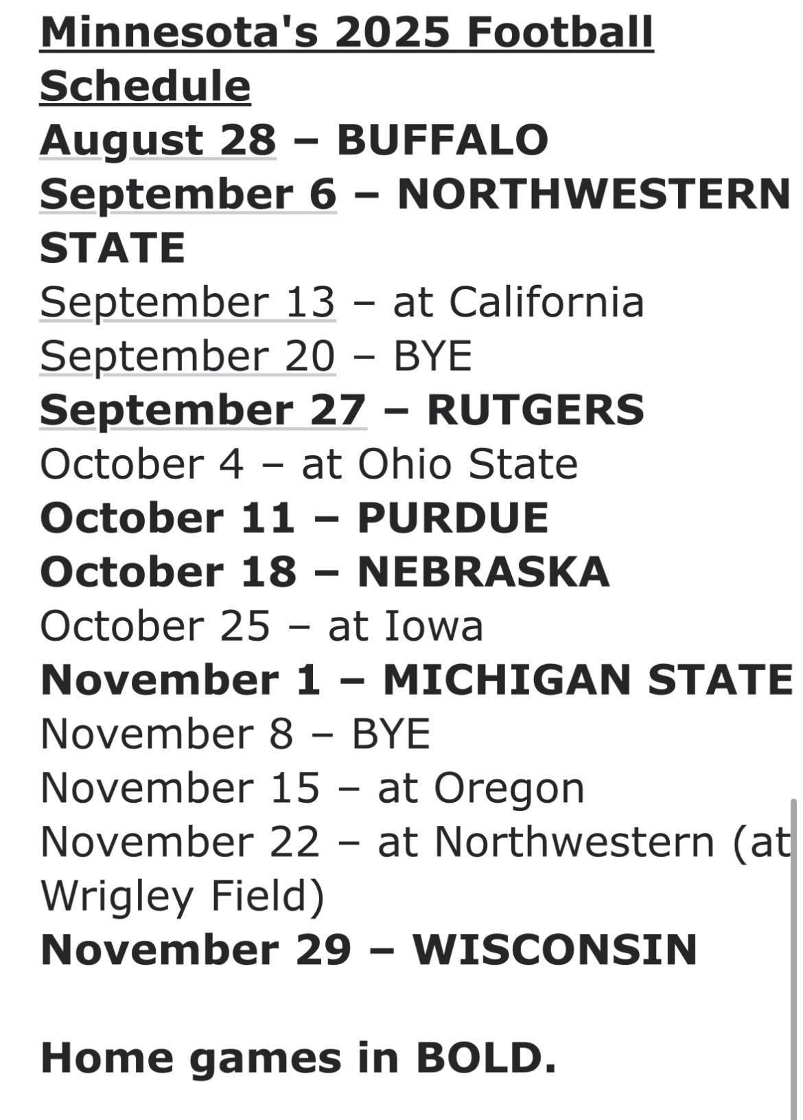 Minnesota Gophers Football Printable Schedule