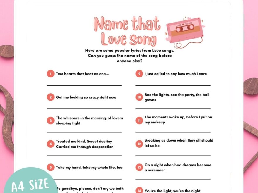 Guess The Name Of The Song Challenge Printable Game With Popular Love Song Lyrics Name That Love Song Love Song Trivia Game Etsy
