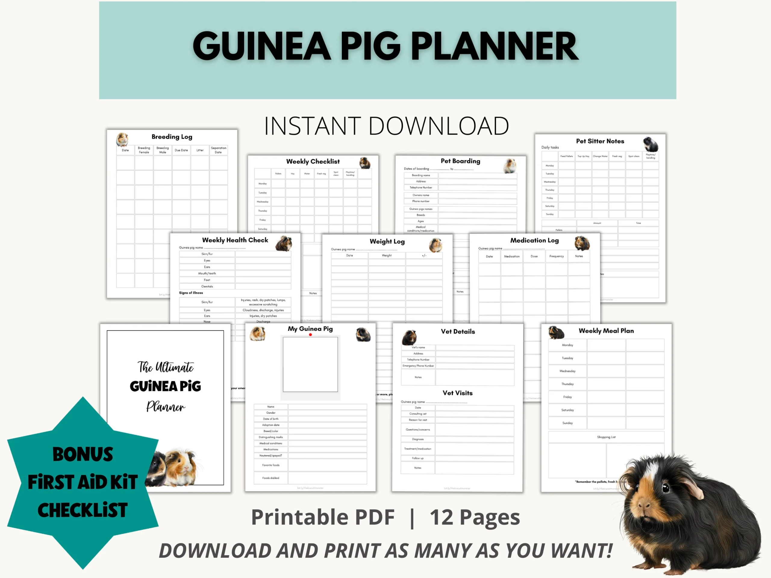 Guinea Pig Planner Printable Guinea Pig Pet Sitting Insert Pet Health Record Pet Care Binder Guide Pet Feeding Schedule Etsy