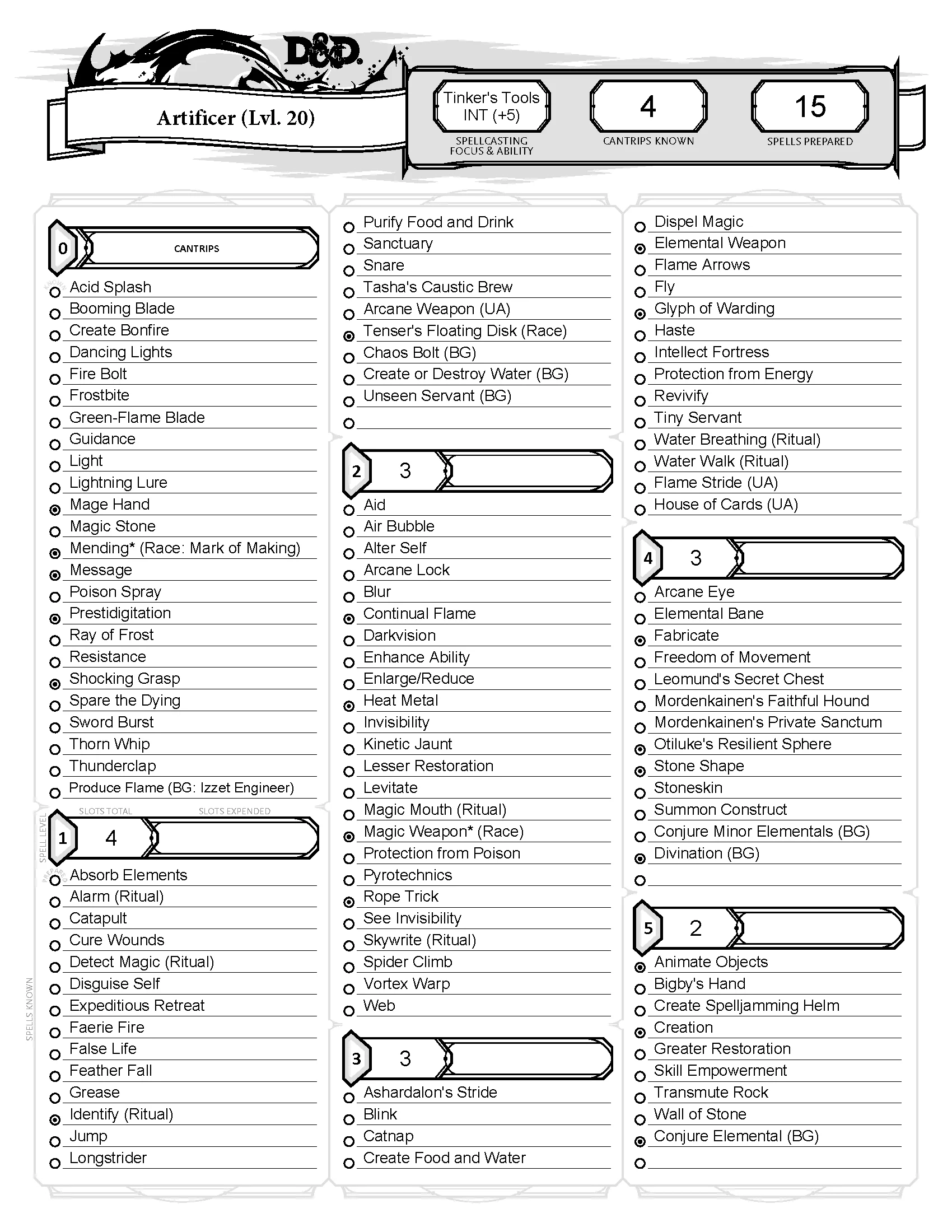 Dnd Palidin Spells List Printable