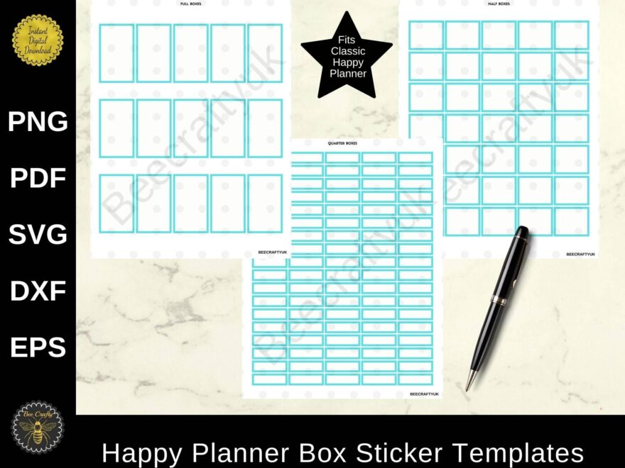 Happy Planner Classic Sticker Templates Blank Fillable Full Half Quarter Size Planner Boxes Instant Download Png Pdf Svg Dxf Eps Etsy
