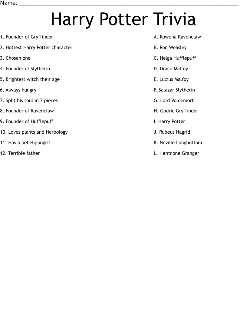 Harrry Potter Printable Quiz