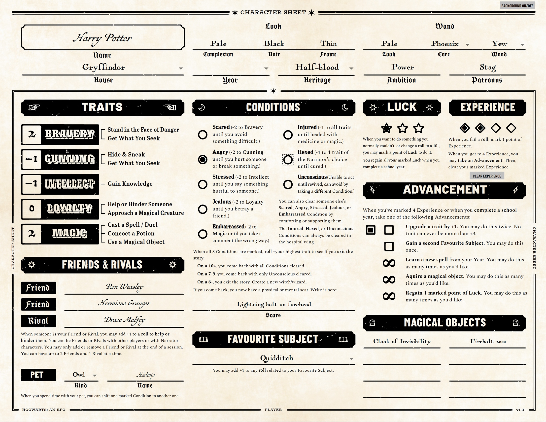 Harry Potter Character Sheets Printable