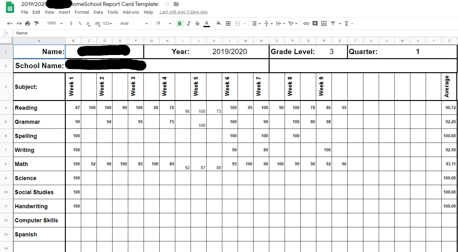 Homeschool Report Card And Gradebook Template Entirely At Home