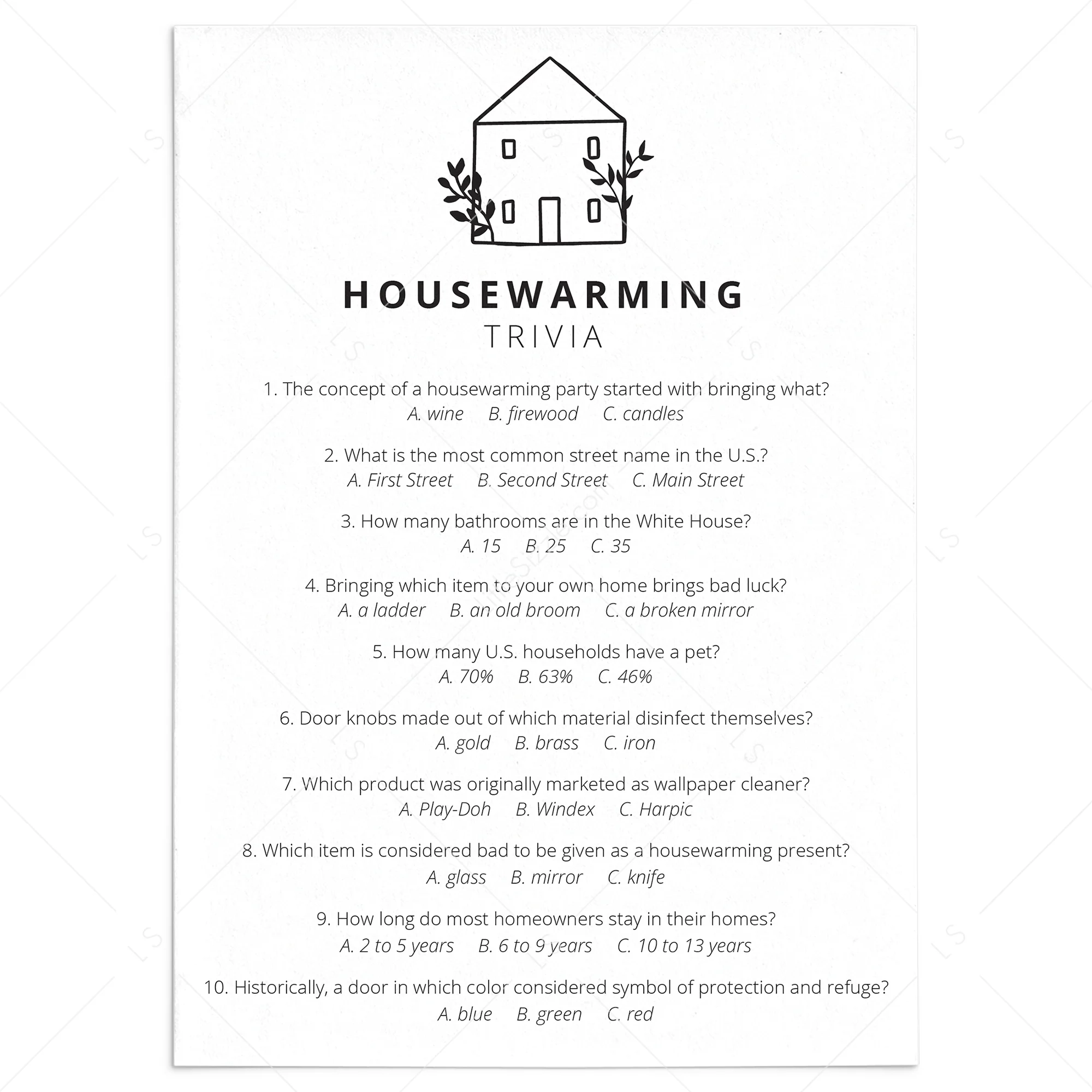 Housewarming Party Trivia Quiz With Answers Printable Download LittleSizzle