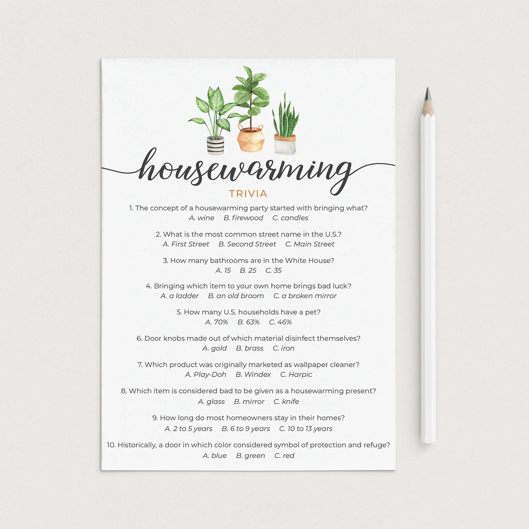 Housewarming Trivia With Answer Key Printable Housewarming Party Quiz LittleSizzle