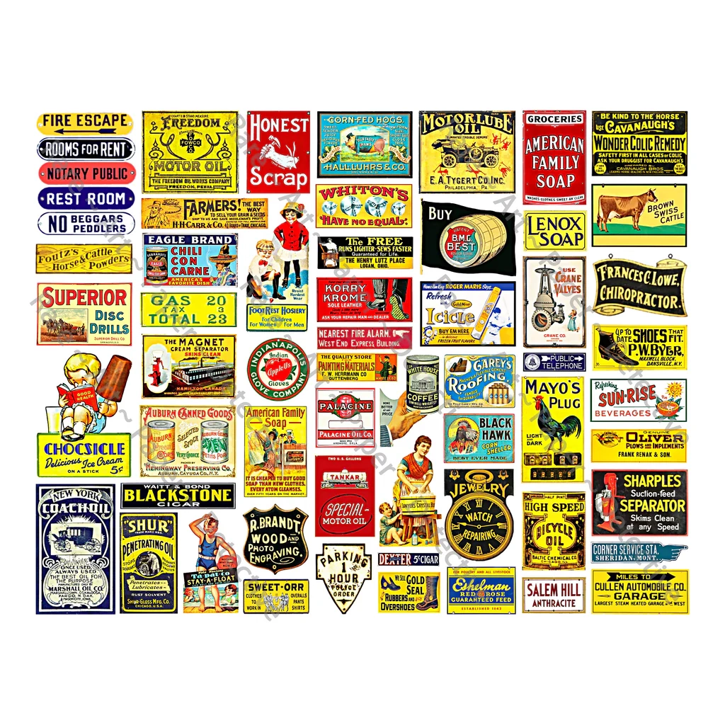 HUGE SET Of Dollhouse Model Railroad Miniature Sign Stickers 256 Pc Rare Paper Detective