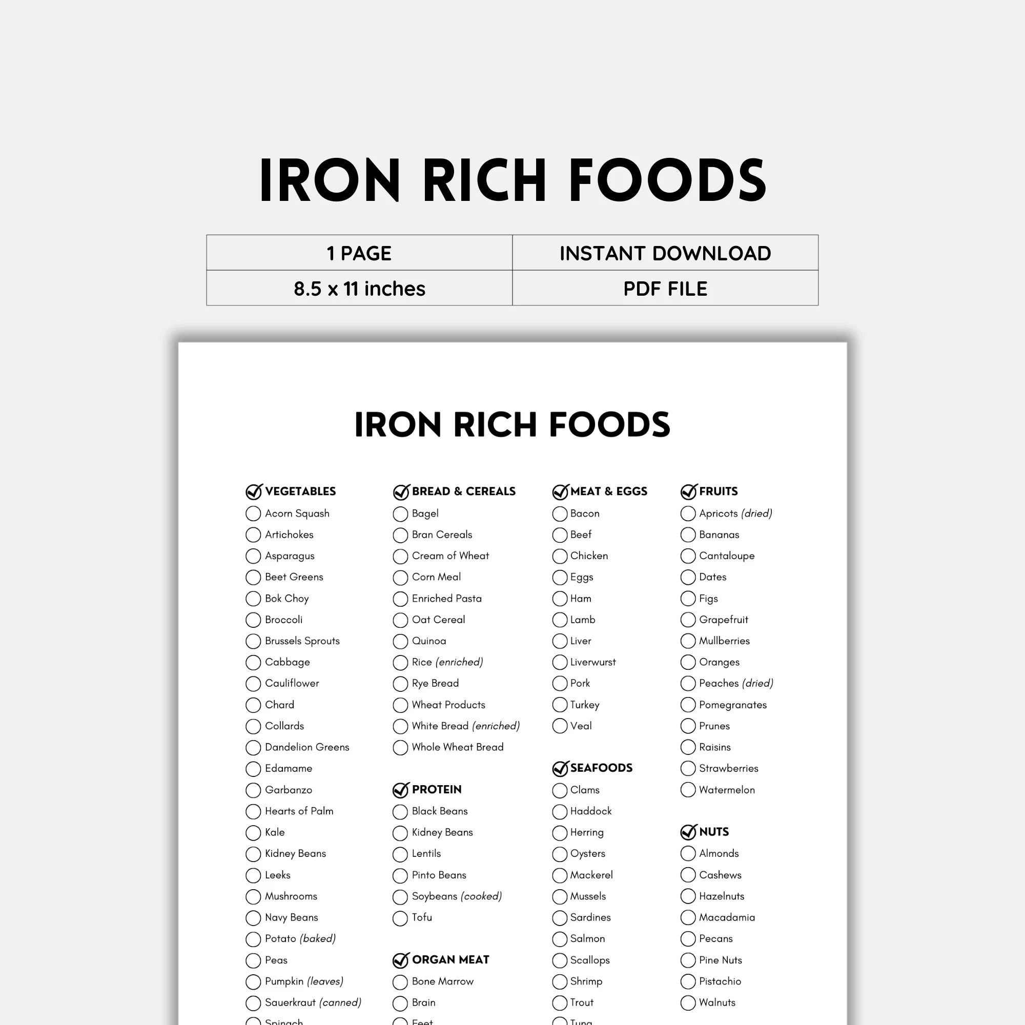 Iron Rich Foods List Printable B W PDF Nutrient dense And Blood healthy Foods Guide Easy Meal Planning Digital Download Etsy