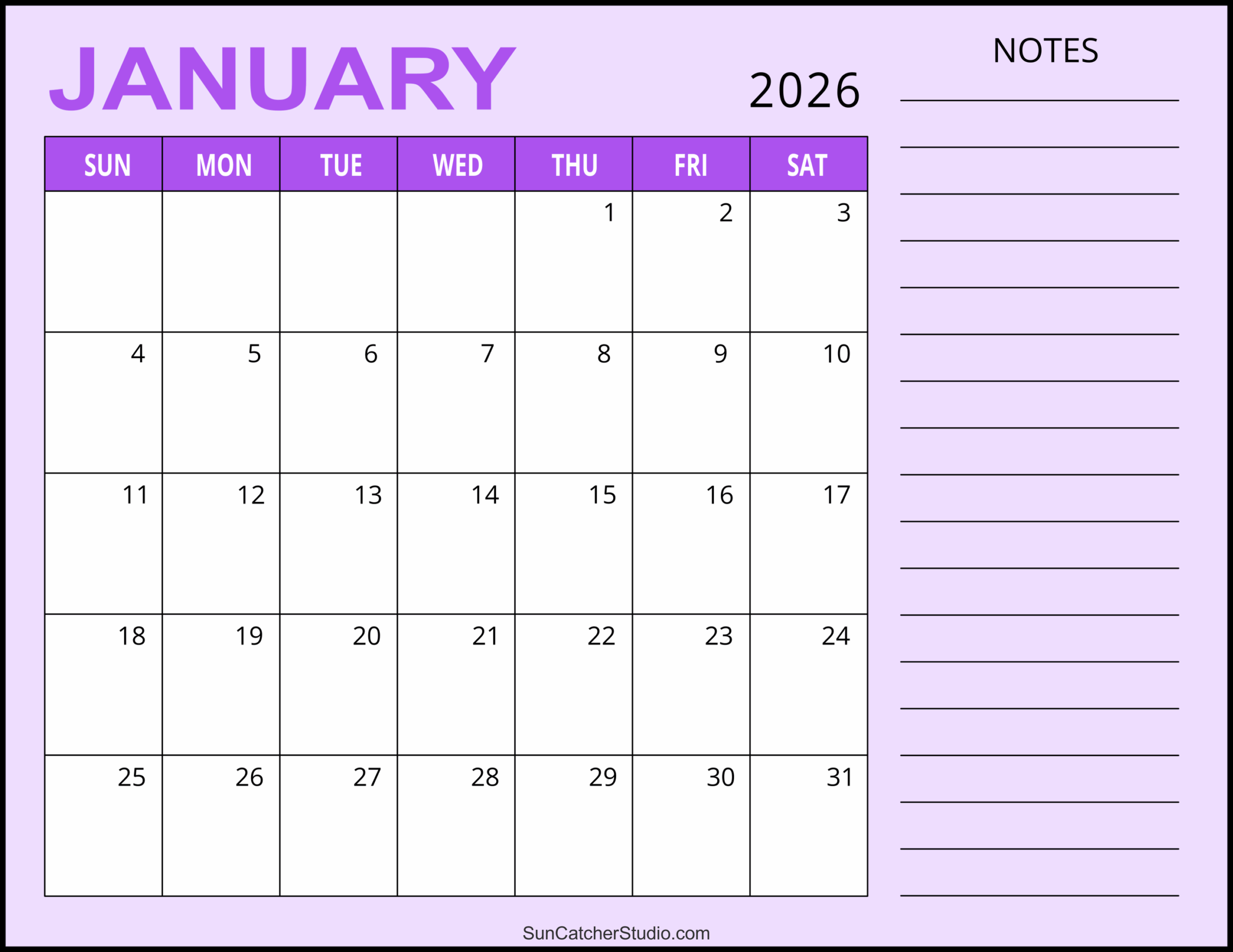 Month Calendar Planner Printable January 2026