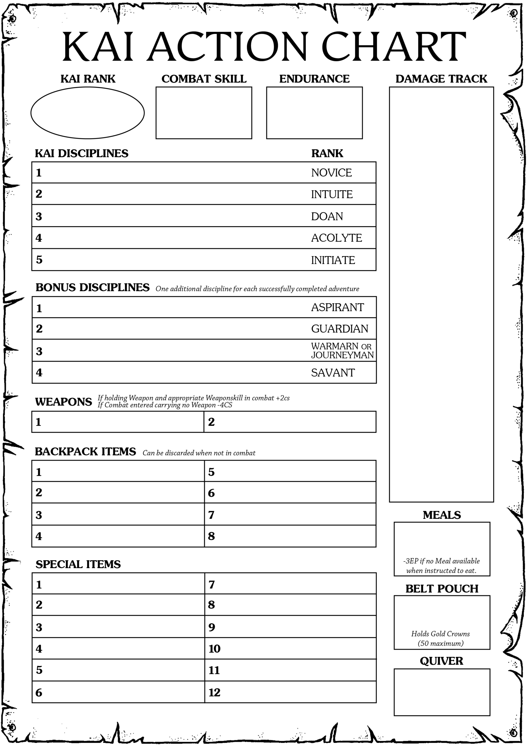 Kai Series Action Chart Magnamund Holmgard Press