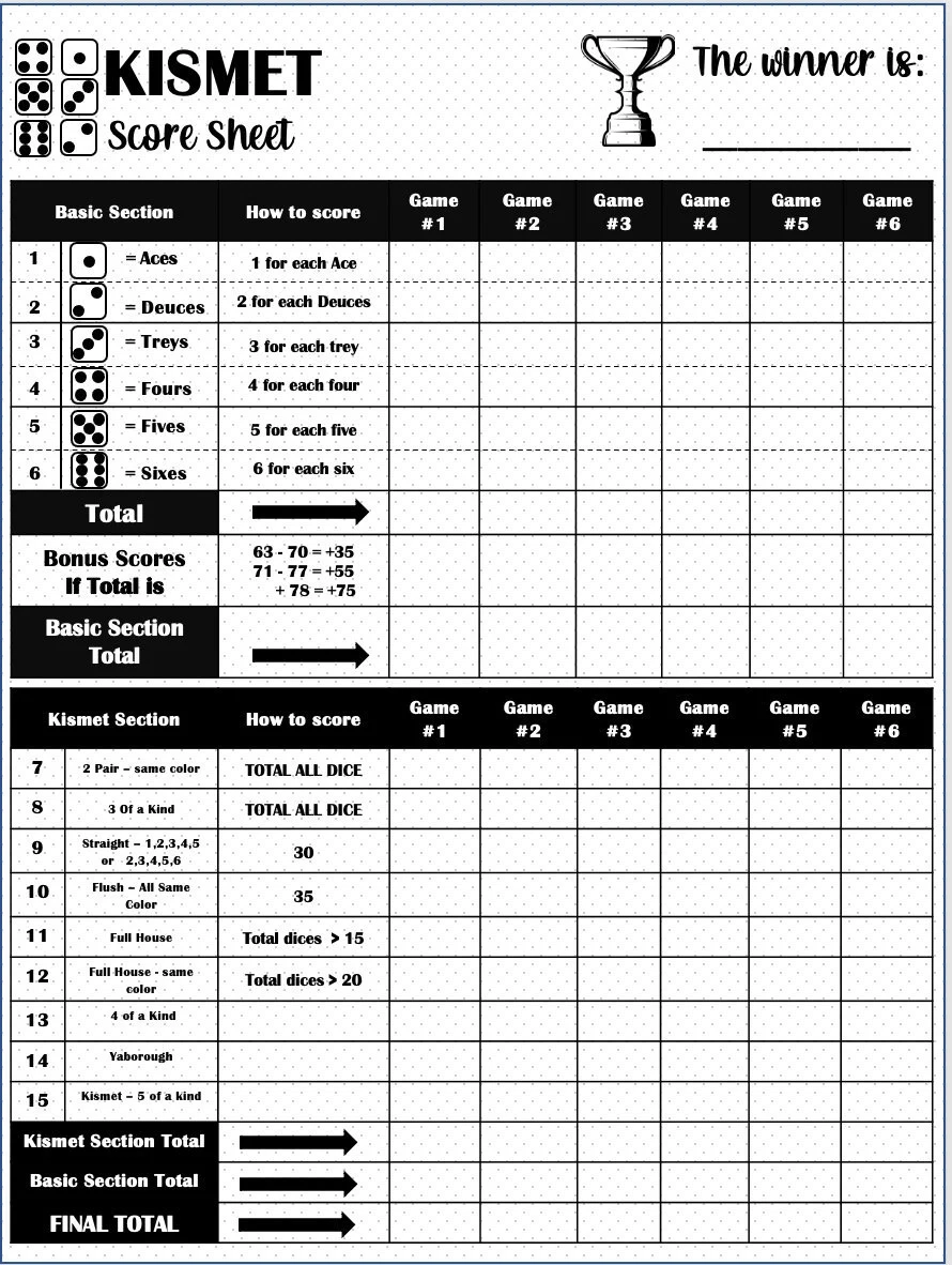 Free Printable Kismet Sheets