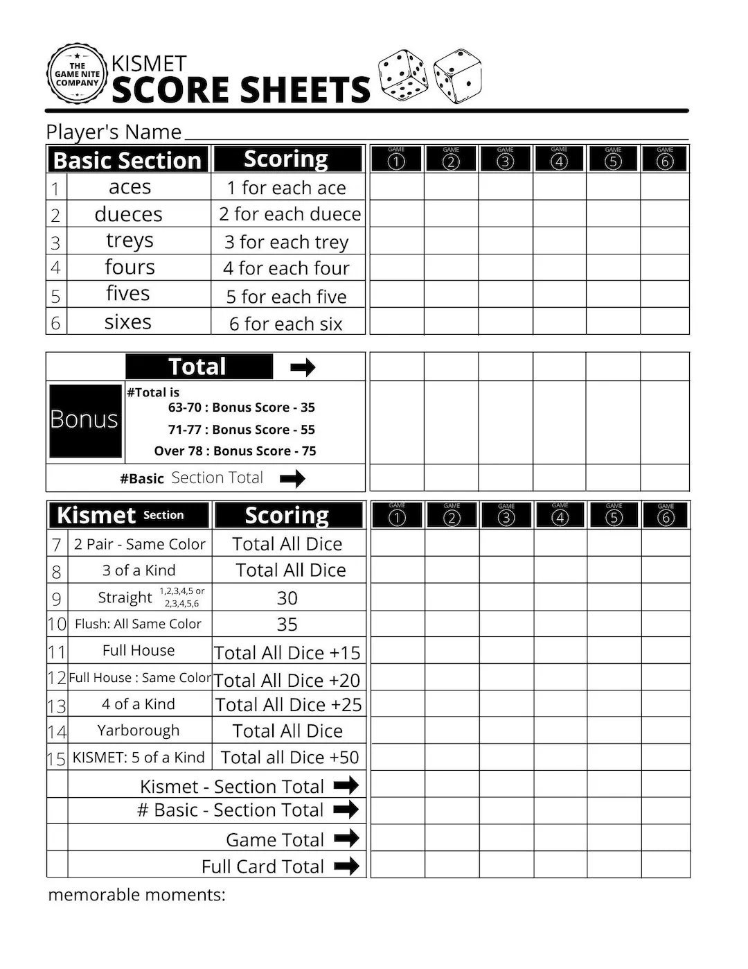 Kismet Score Sheets Printable PDF Kismet Score Cards Kismet Score Pads 8 5 X 11 Print Etsy