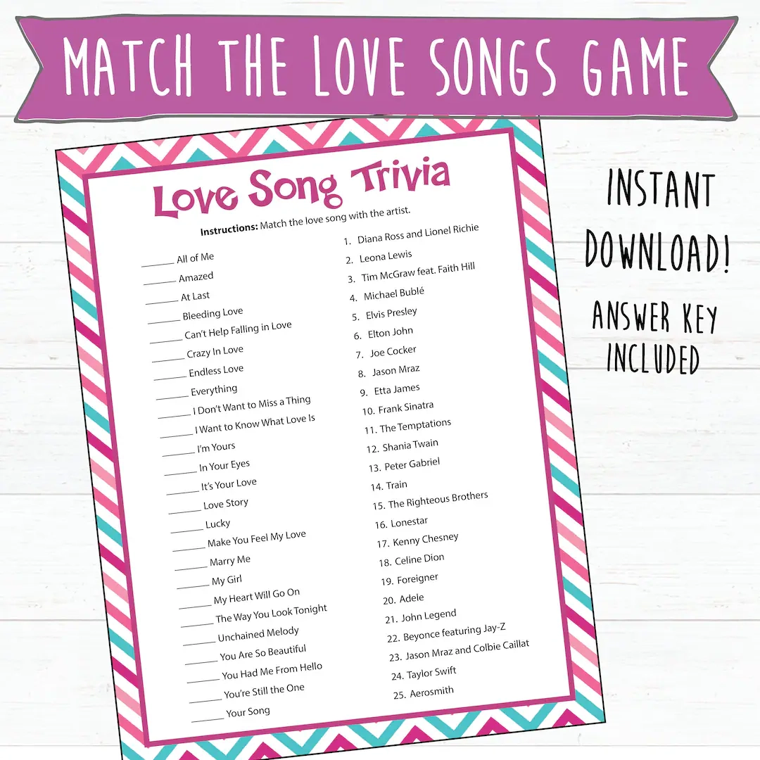 Love Songs Matching Game Instant Download Love Song Trivia Valentine s Games Bridal Shower Games Printable Party Games Etsy