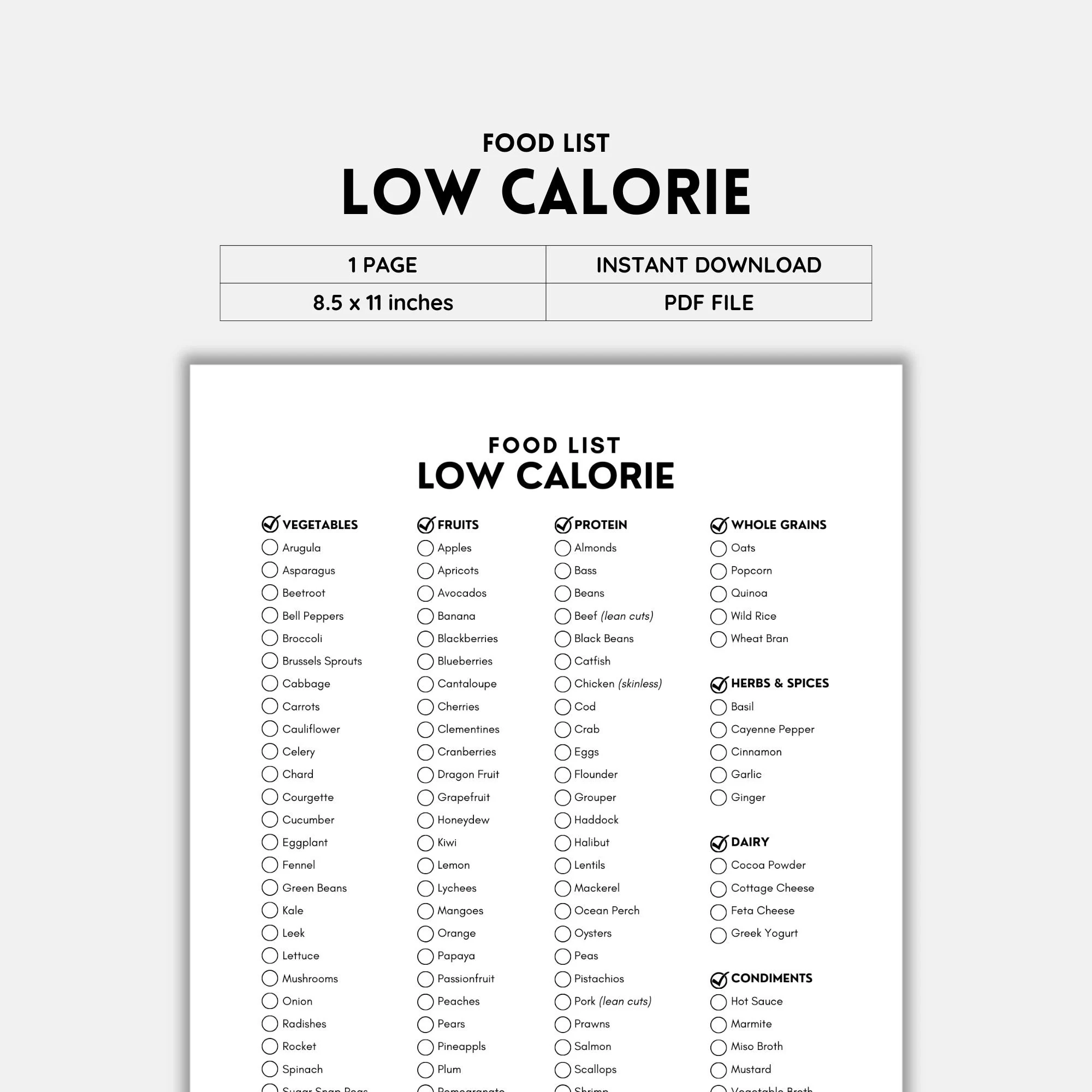Printable Caloric Food List