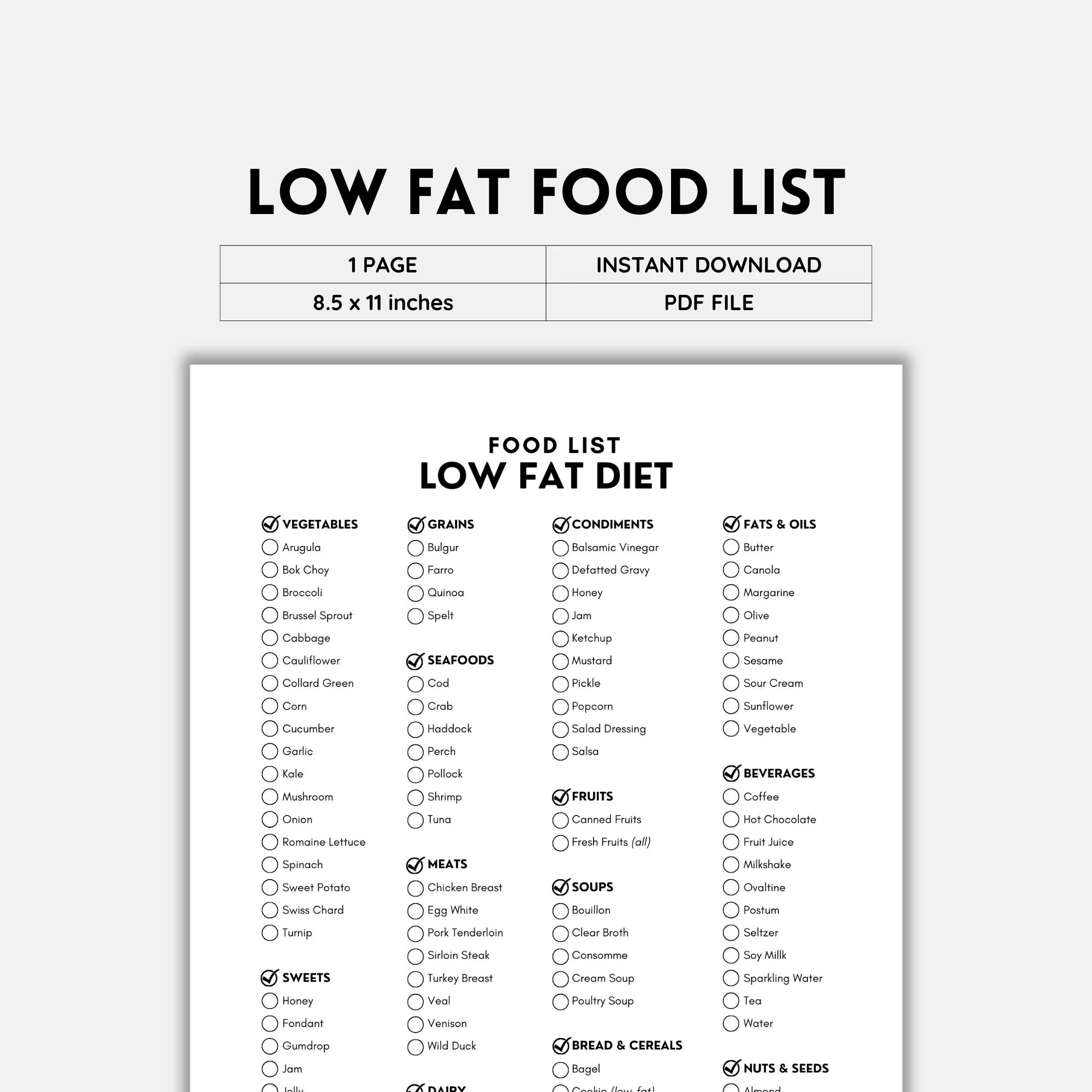 Low Fat Diet Food List Printable B W PDF Easy Low fat Meals For Weight Loss And Healthy Eating Digital Download Etsy