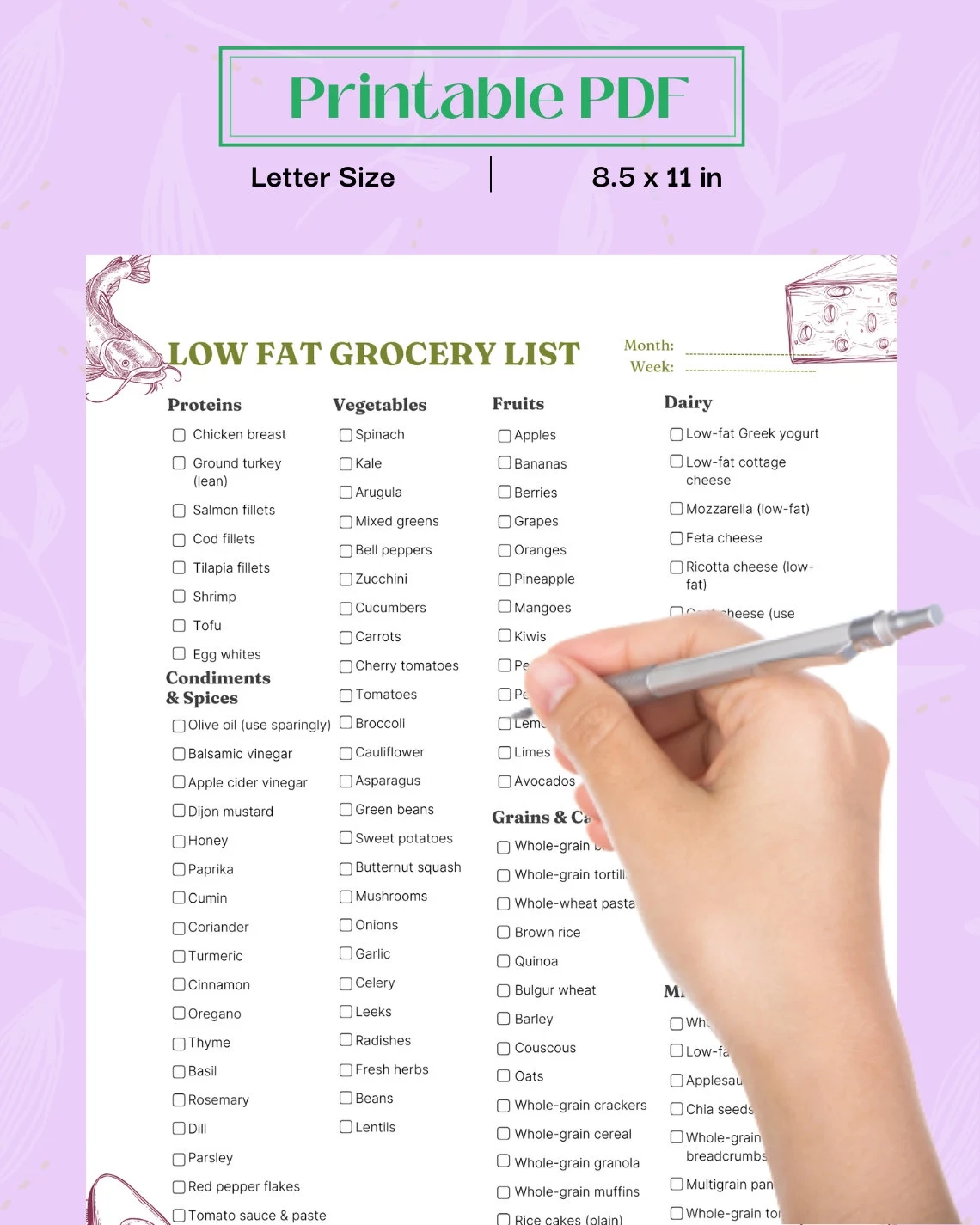 Low Fat Meals Low Fat Foods List Low Fat Food Grocery List Low Fat Diet Plan Low Fat Food Recipe Planner Printable Interactive Etsy