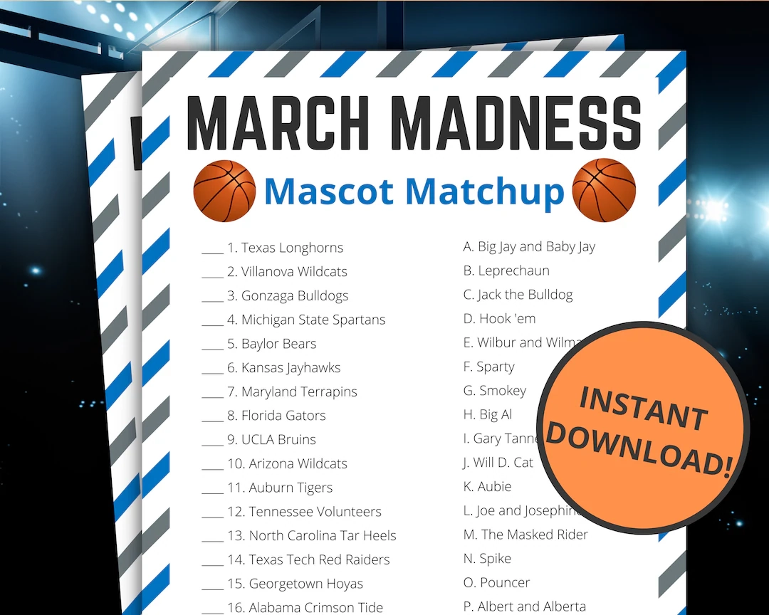March Madness Mascot Matchup Printable March Madness Game For Kids And Adults NCAA Men s Basketball Championship Instant Download Etsy