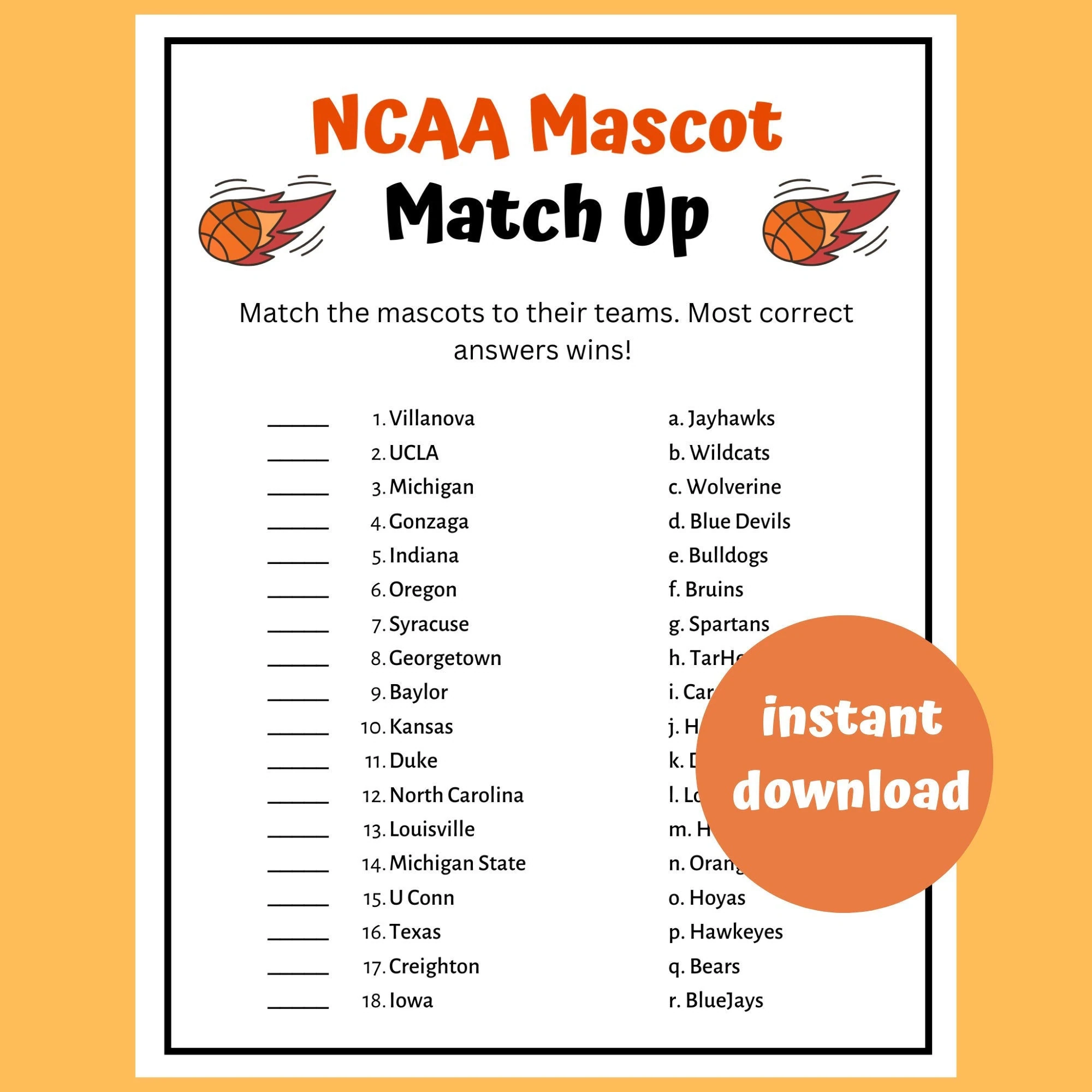March Madness NCAA Mascot Match Up Printable March Madness Game NCAA Basketball College Basketball Printable Games NCAA Tournament Etsy