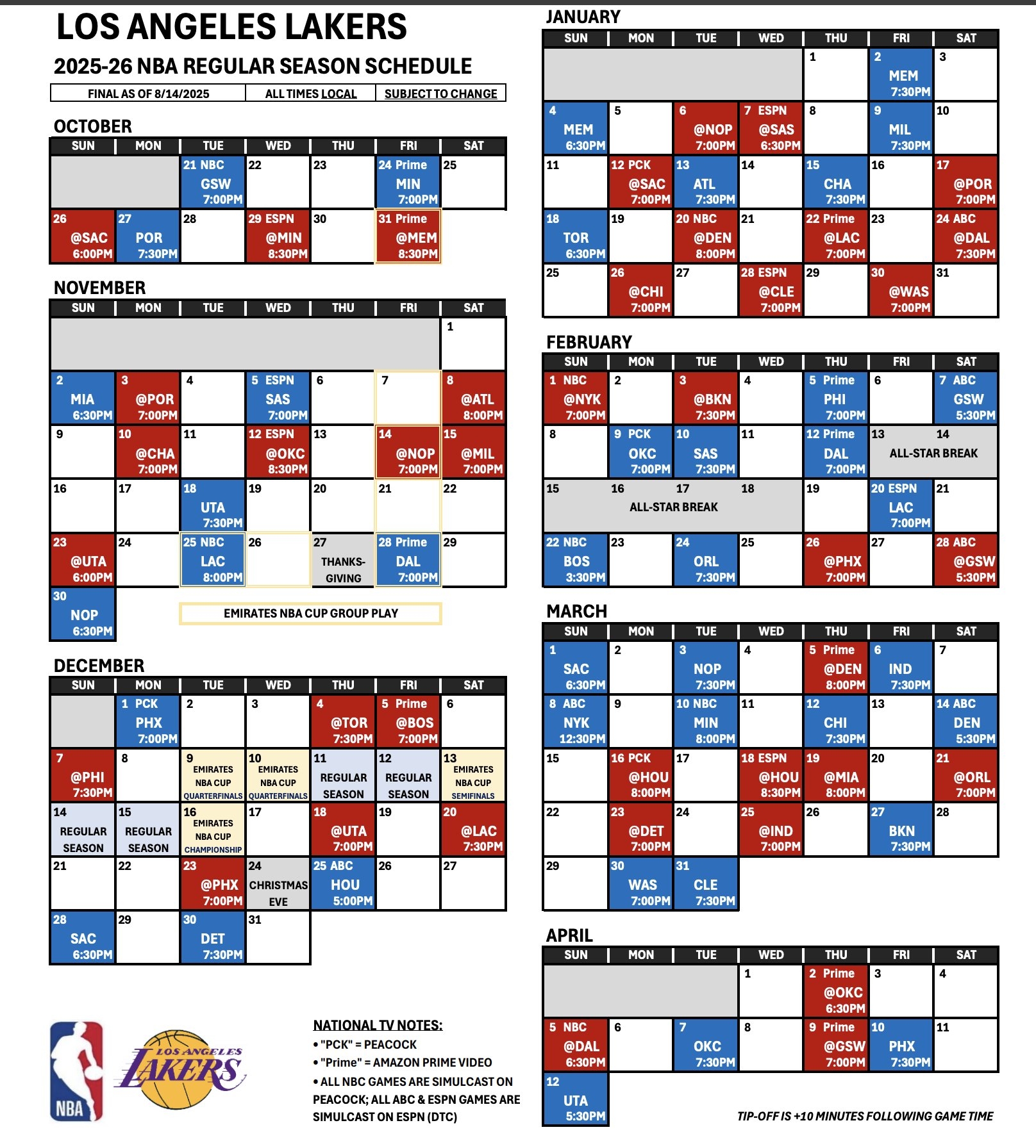 Mark Medina On X Full Lakers Schedule For The 2025 26 Season Https t co f3Lz7G9RqS X