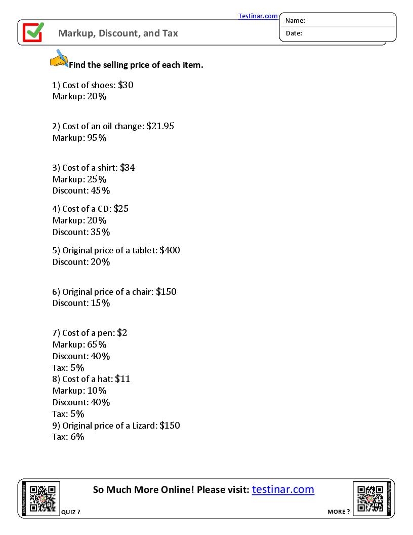 Printable Markup And Discount Quiz