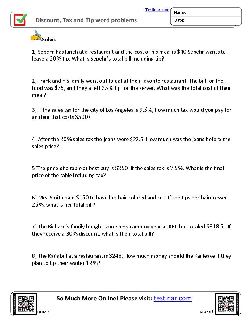 Markup Discount And Tax Worksheets