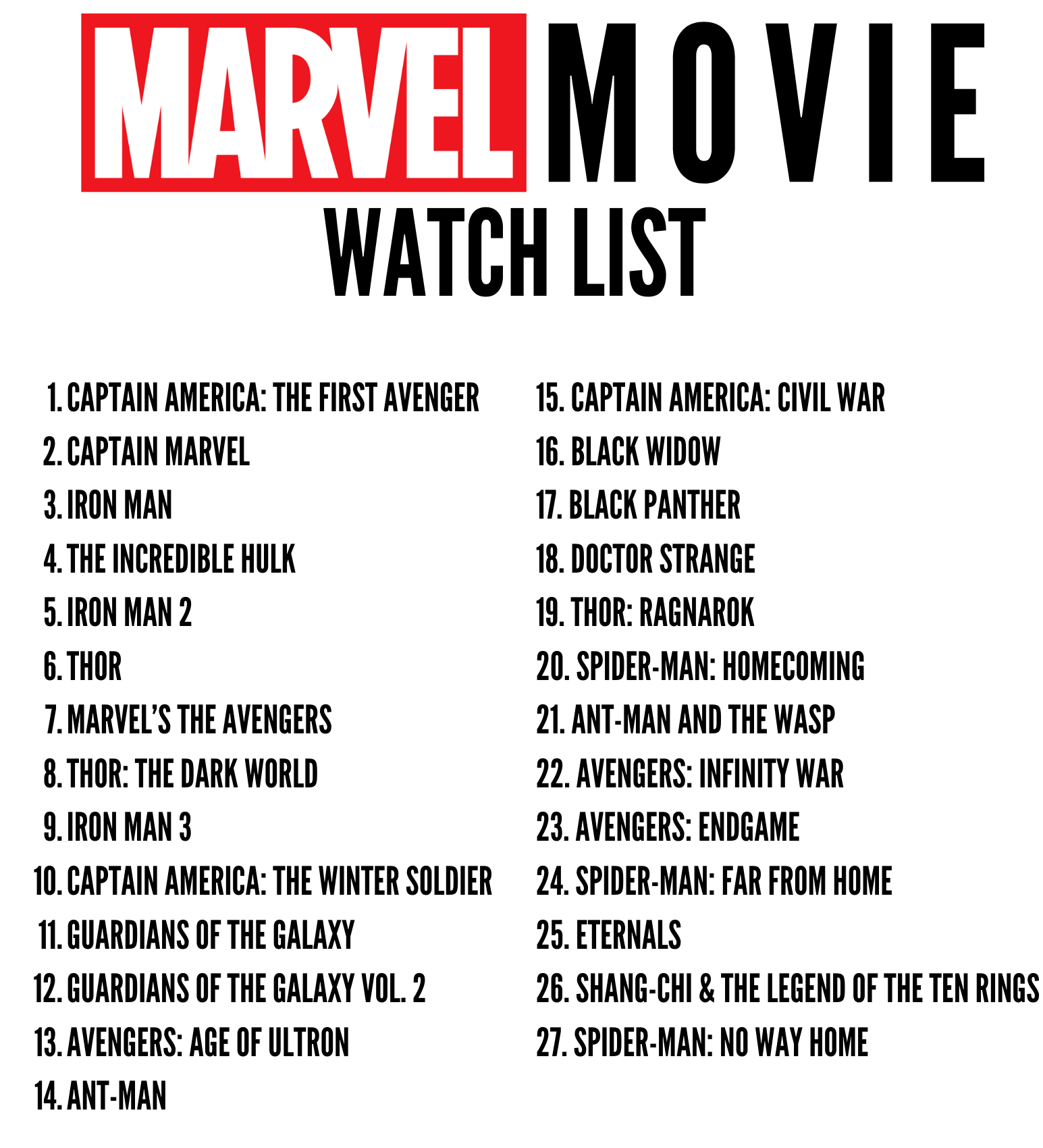 Marvel Movie Watch List In Chronological Order