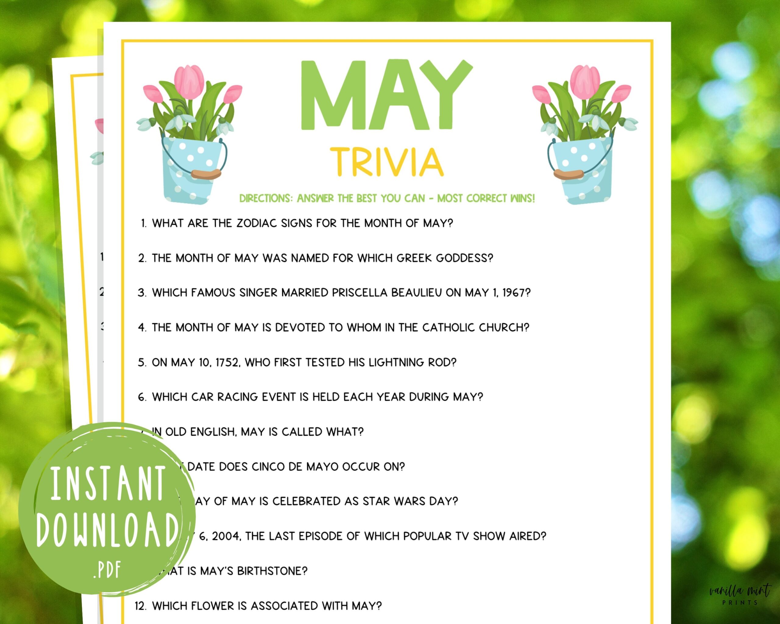 May Trivia Game Printable Month Party Games Springtime Activities For Adults Kids Fun Games For The Classroom Or Spring Party Etsy