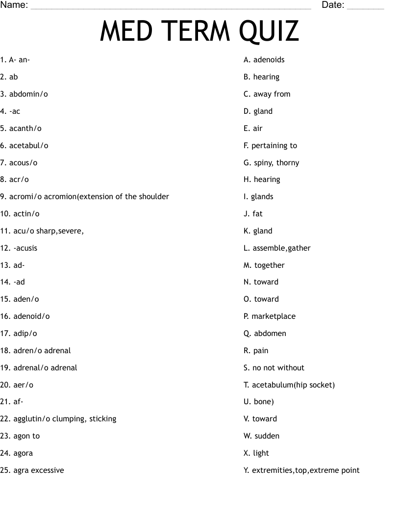 MED TERM QUIZ Worksheet WordMint