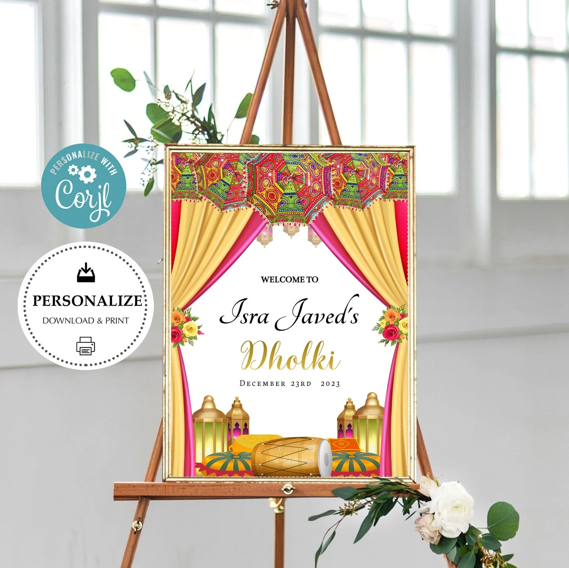 Mehndi Dholki Yellow Pink Welcome 18x24 Sign Instant Self Edit Welcome Sign Umbrella Poster Printable Dholki Signage Mayoon Roka Haldi Etsy