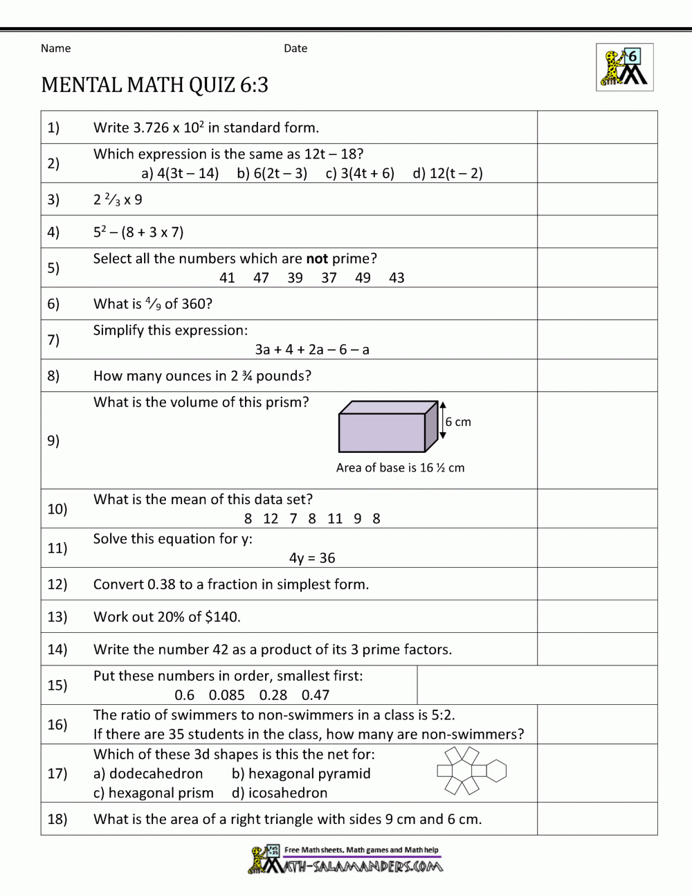 Arithmetic Quiz Game Year 6 Printable