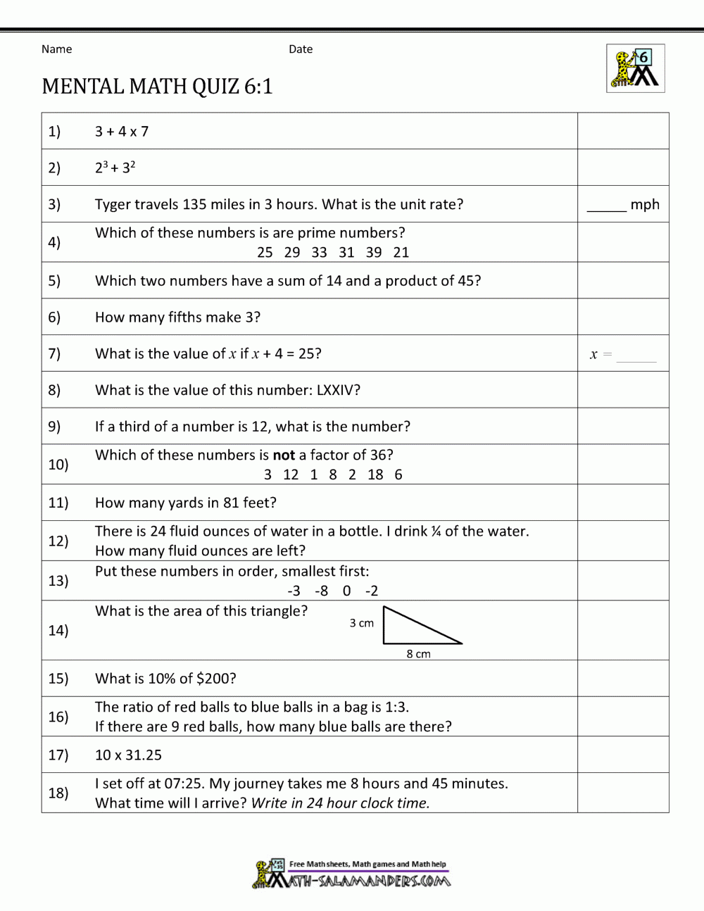 Mental Math 6th Grade