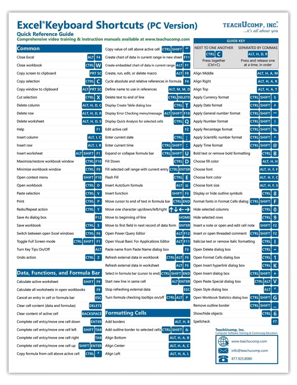 Microsoft Excel Keyboard Shortcuts Quick Reference Guide TeachUcomp Inc 