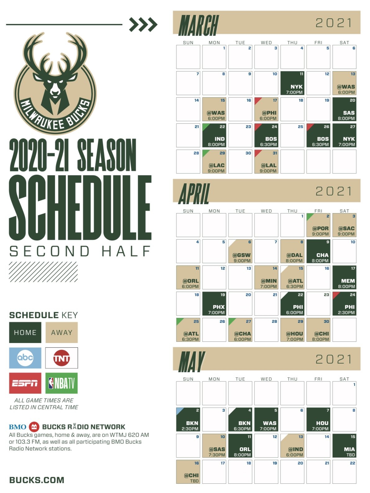 Milwaukee Bucks Printable Schedule