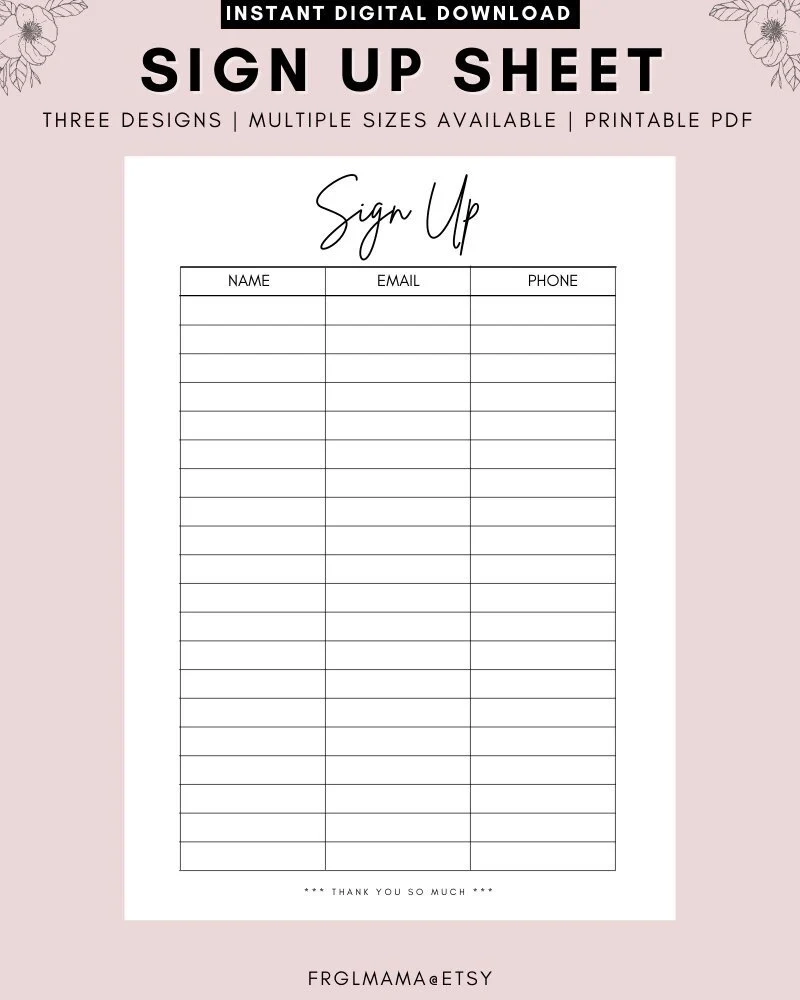 Etsy Printable Sign Up Sheet