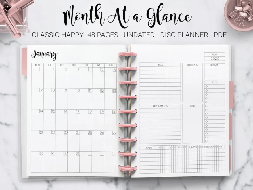 Month At A Glance Monthly Planner Undated Monthly Layout Agenda Mambi Classic Erin Condren Happy Planner HP Editable PDF Printable Inserts Etsy