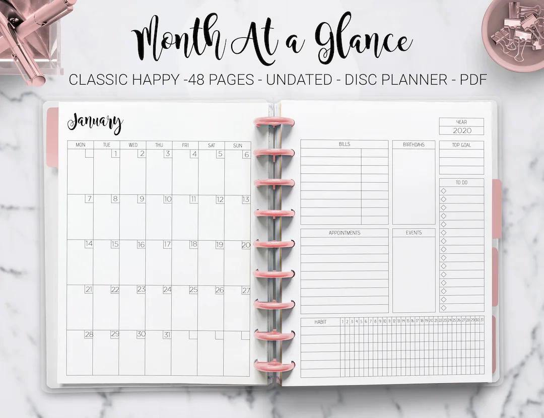 Month At A Glance Monthly Planner Undated Monthly Layout Agenda Mambi Classic Erin Condren Happy Planner HP Editable PDF Printable Inserts Etsy