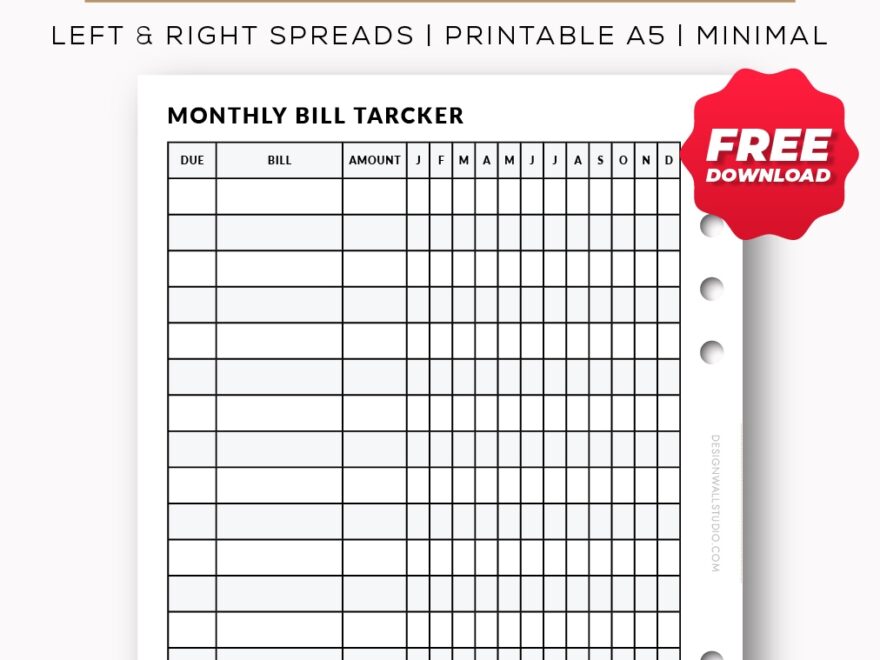 Monthly Bill Tracker Printable Insert A5 Free PDF Download Two Page Layout 2 Versions